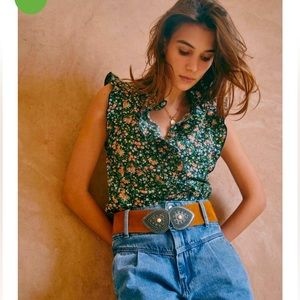 Sezane Caro Ruffle Collar Shirt Navy Garden